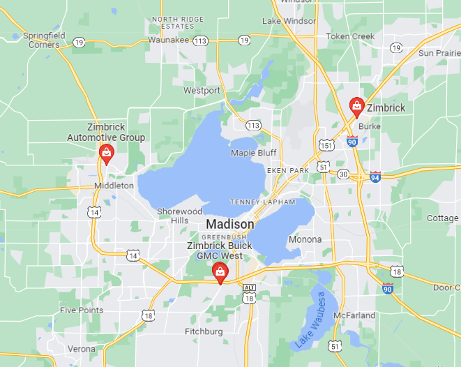 Static image of the google map location of Zimbrick Automotive in Madison WI